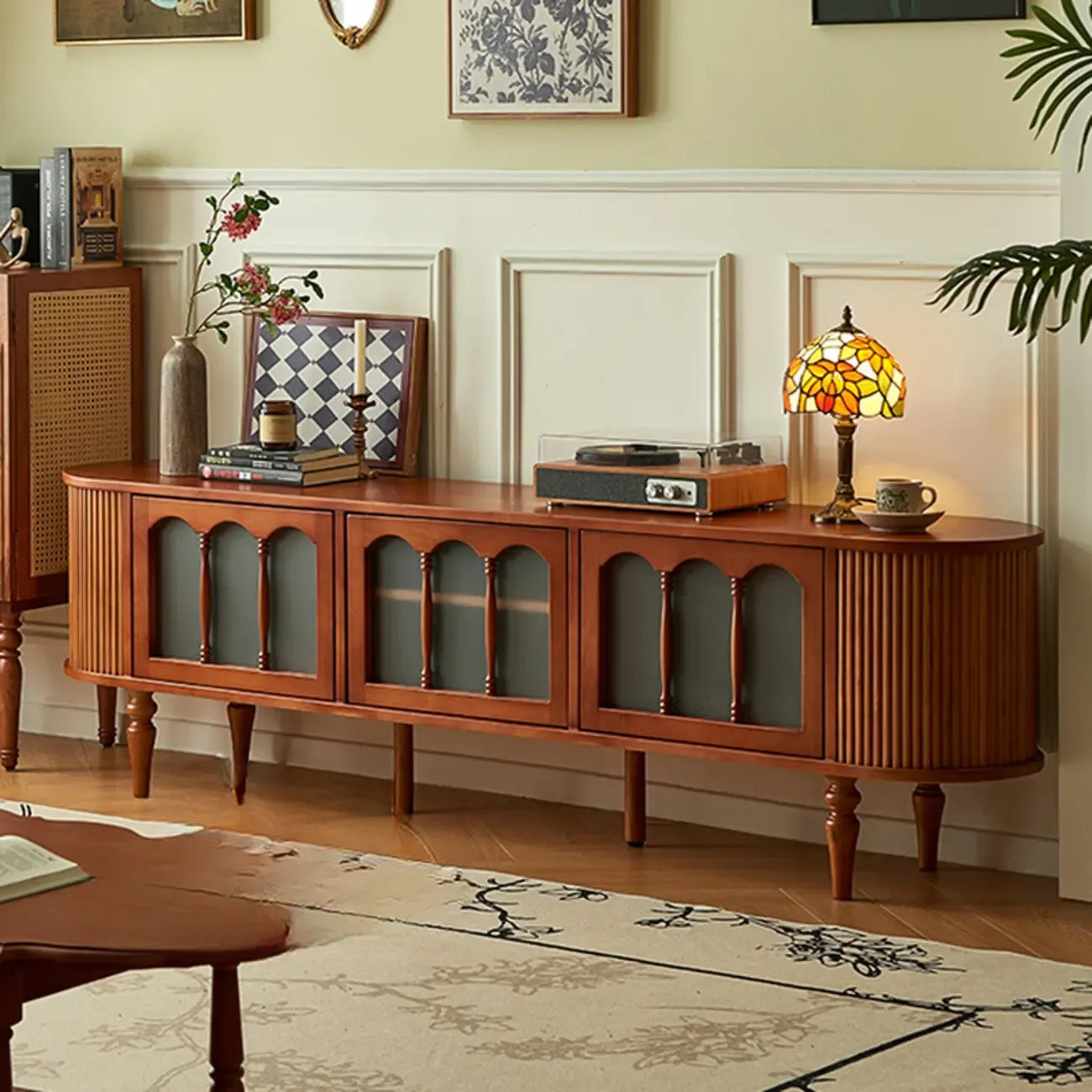 Meuble TV Art Déco moderne en bois avec gestion des câbles