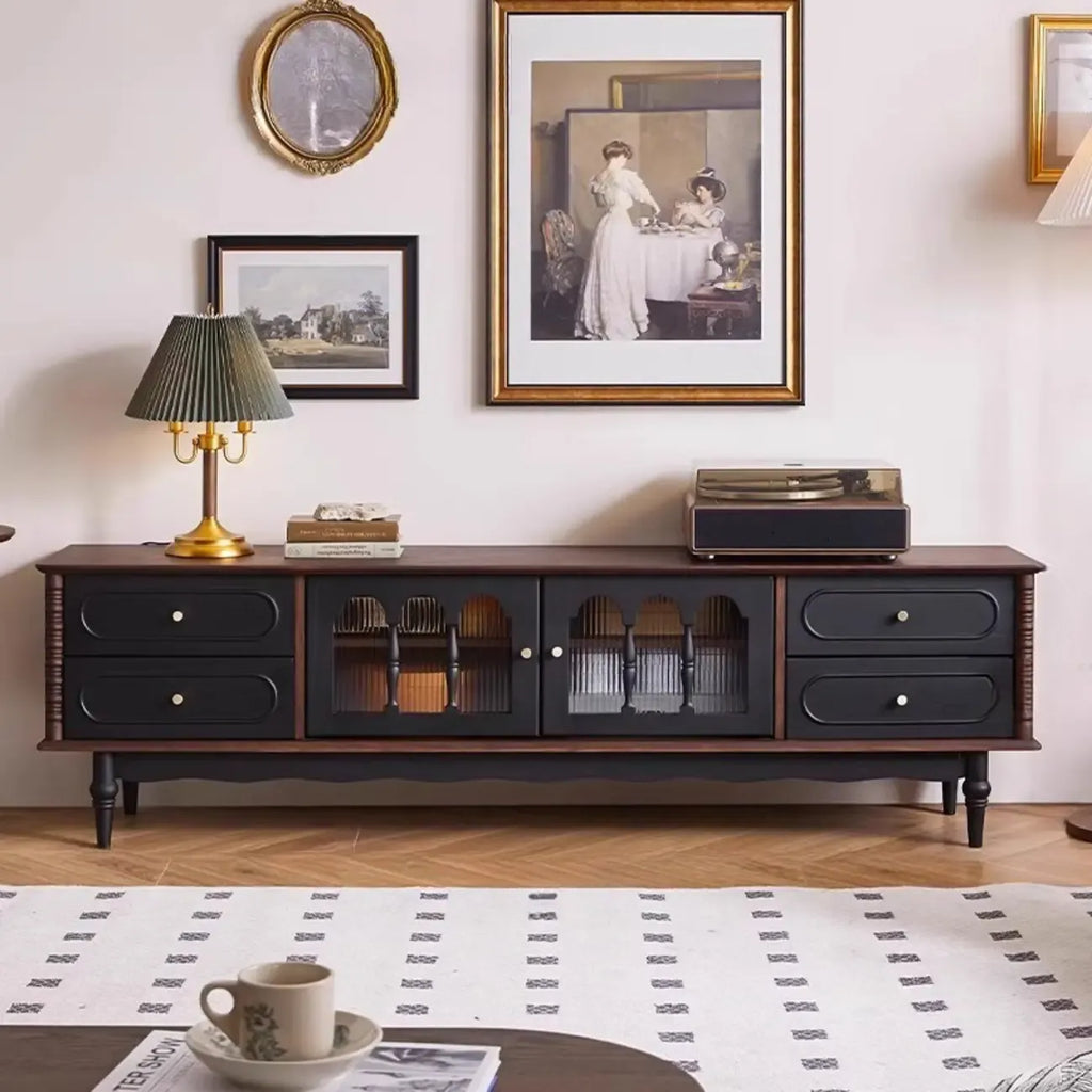 Meuble TV Art Déco en bois avec tiroirs et gestion des câbles