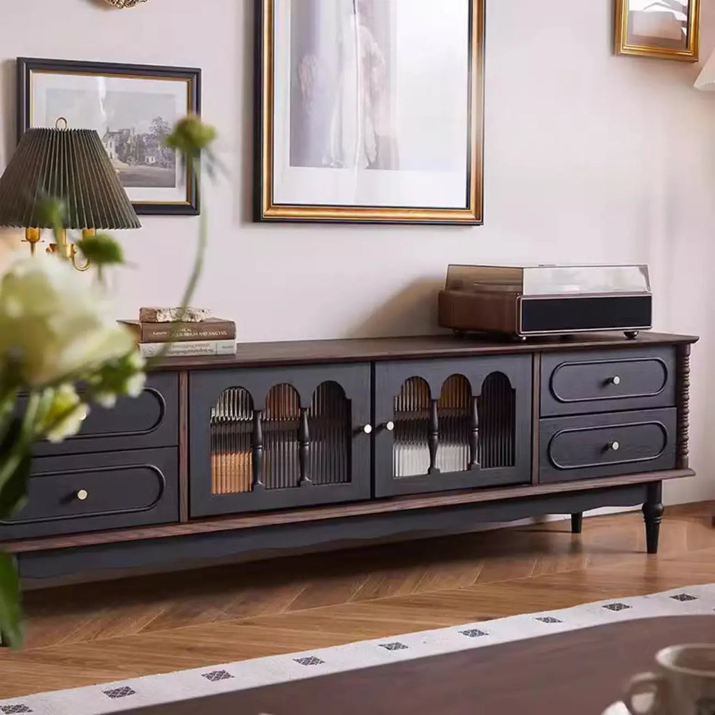 Meuble TV Art Déco en bois avec tiroirs et gestion des câbles