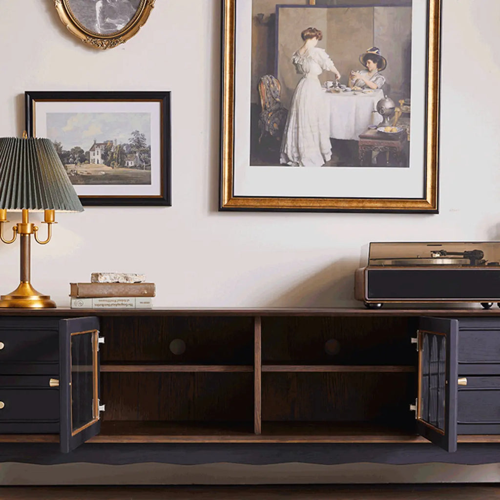 Meuble TV Art Déco en bois avec tiroirs et gestion des câbles