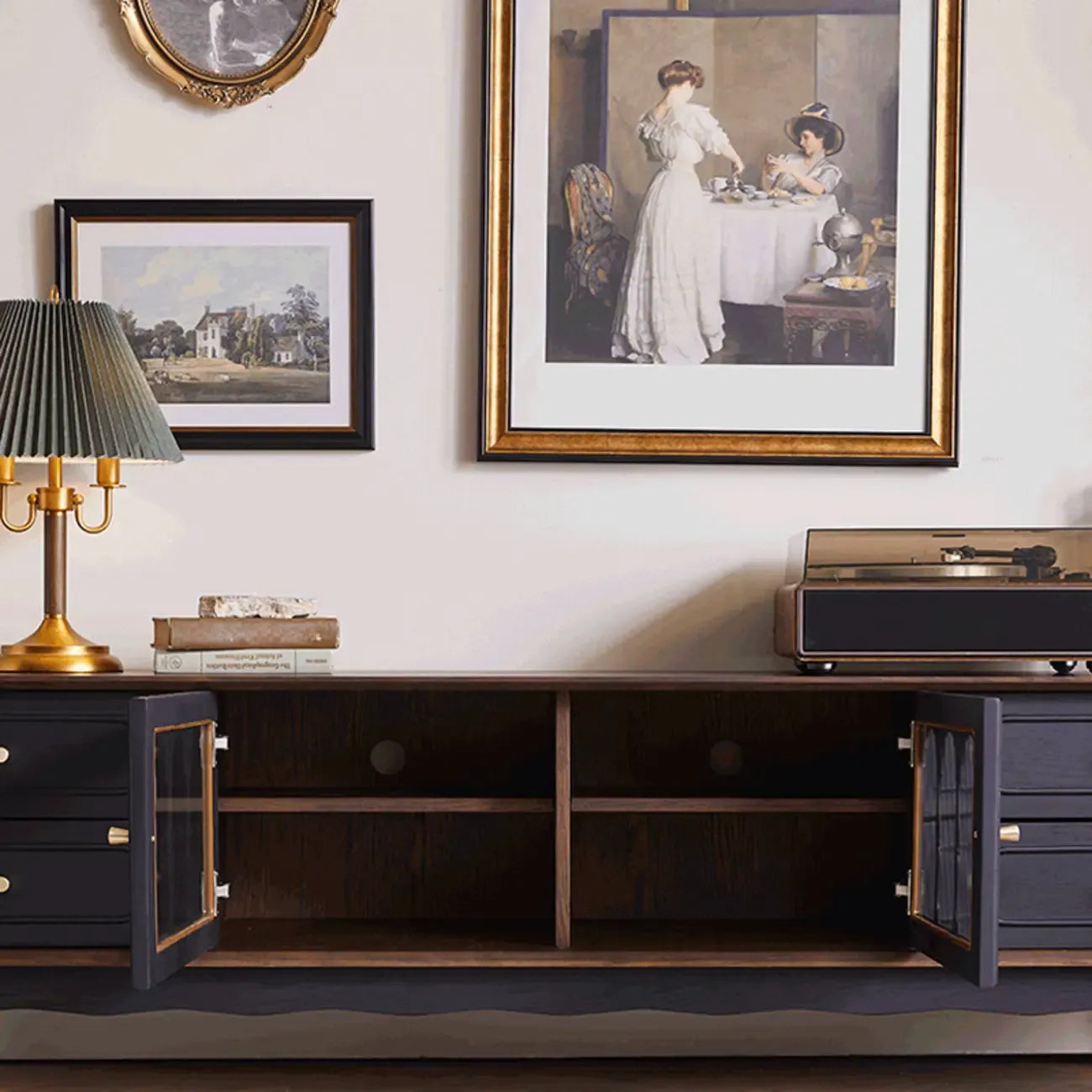 Meuble TV Art Déco en bois avec tiroirs et gestion des câbles