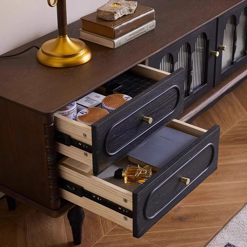 Meuble TV Art Déco en bois avec tiroirs et gestion des câbles