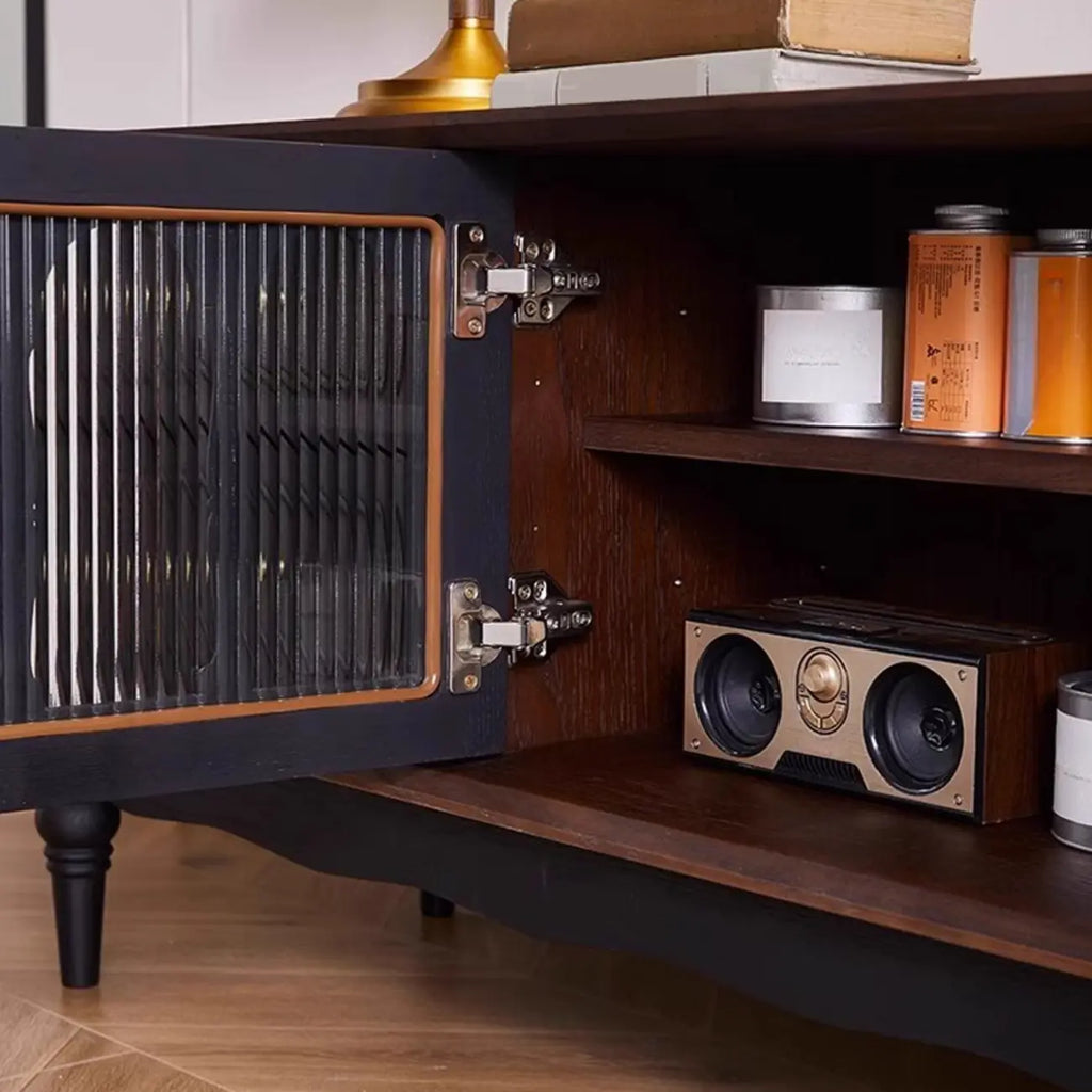 Meuble TV Art Déco en bois avec tiroirs et gestion des câbles