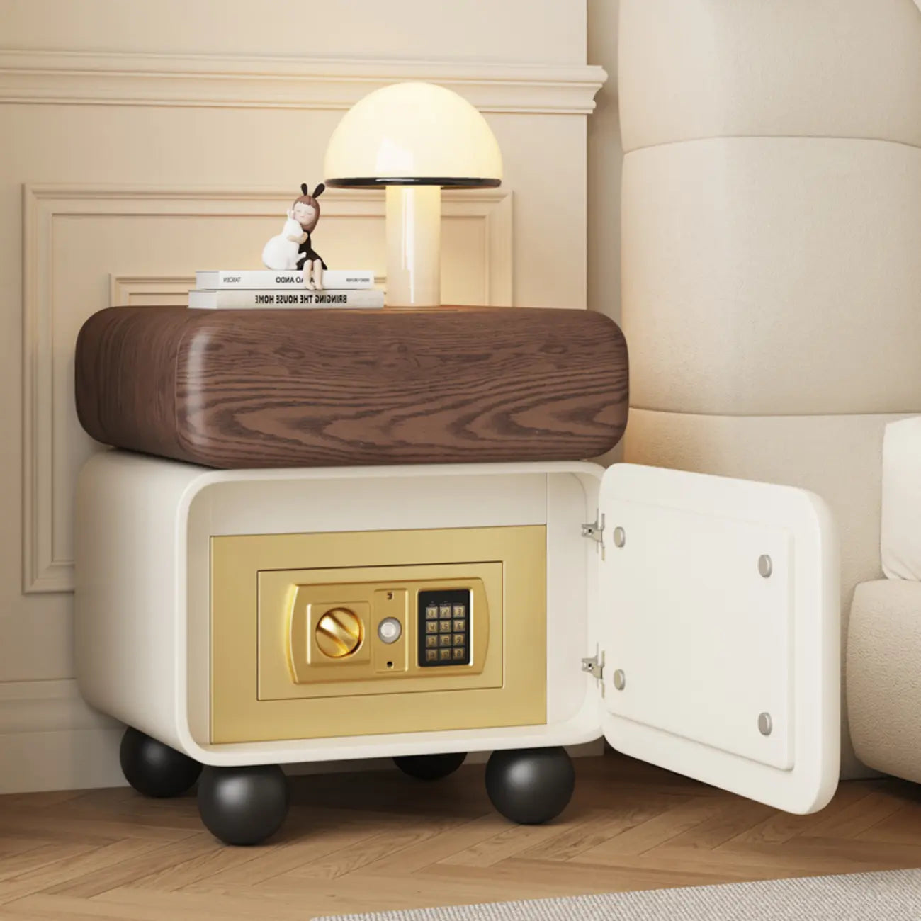 Table de chevet moderne en bois et similicuir avec rangement