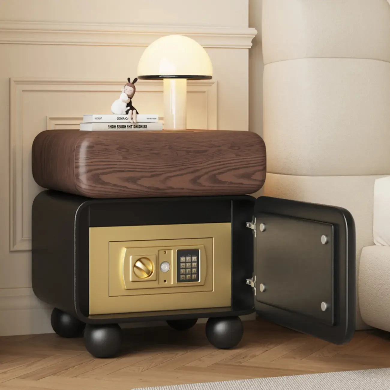 Table de chevet moderne en bois et similicuir avec rangement