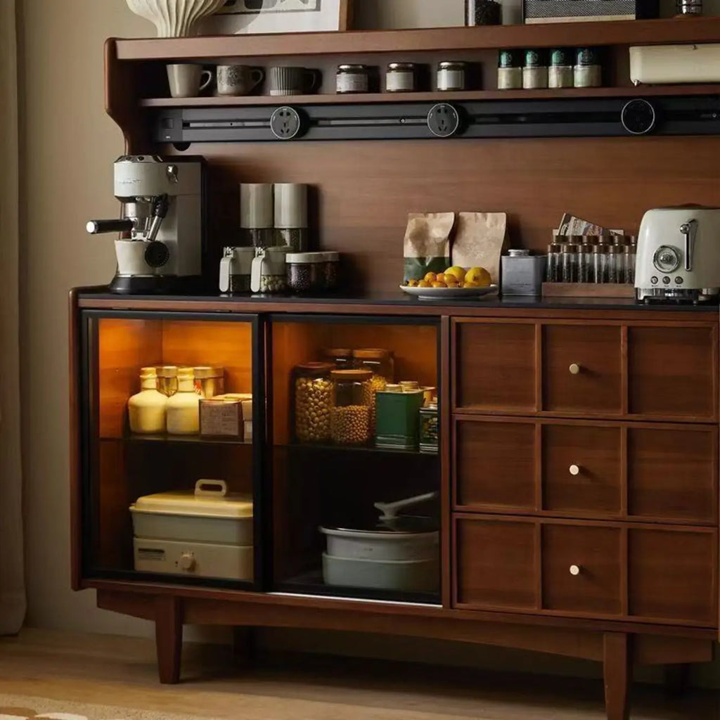 Buffet moderne en bois couleur expresso avec plateau en pierre