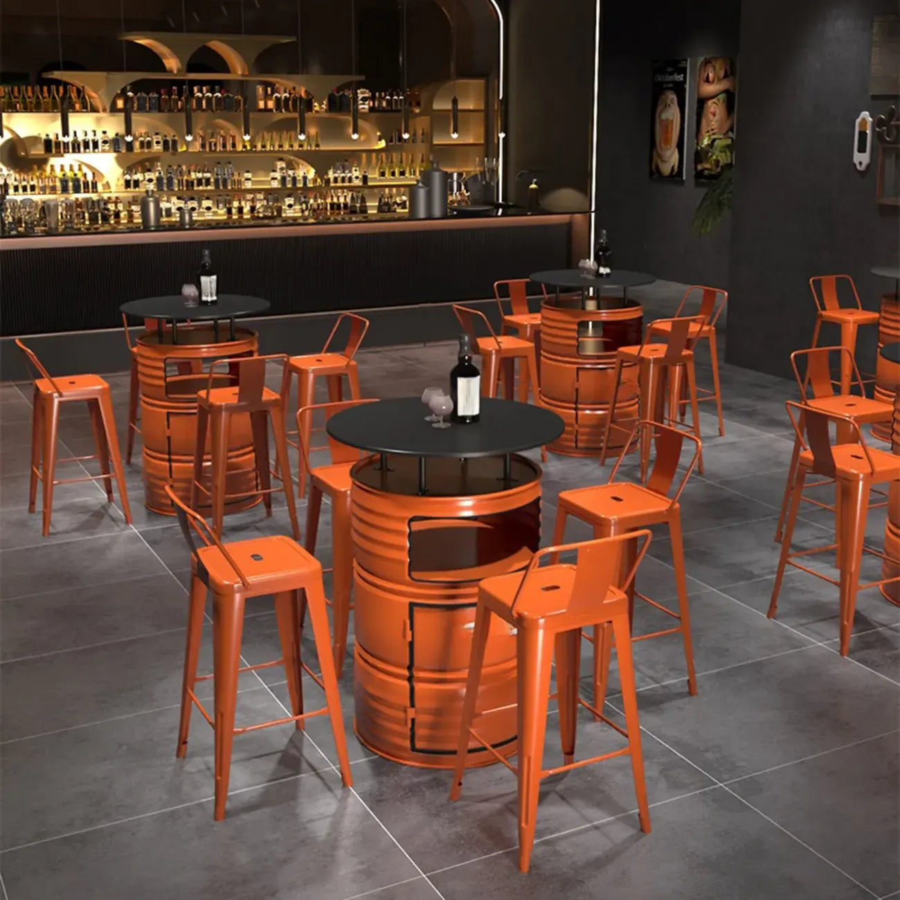 Tables de bar industrielles noires et oranges pour le rangement de fûts en métal