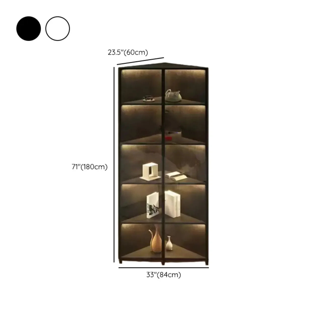 Vitrine d'angle moderne en métal gris et bois avec porte vitrée