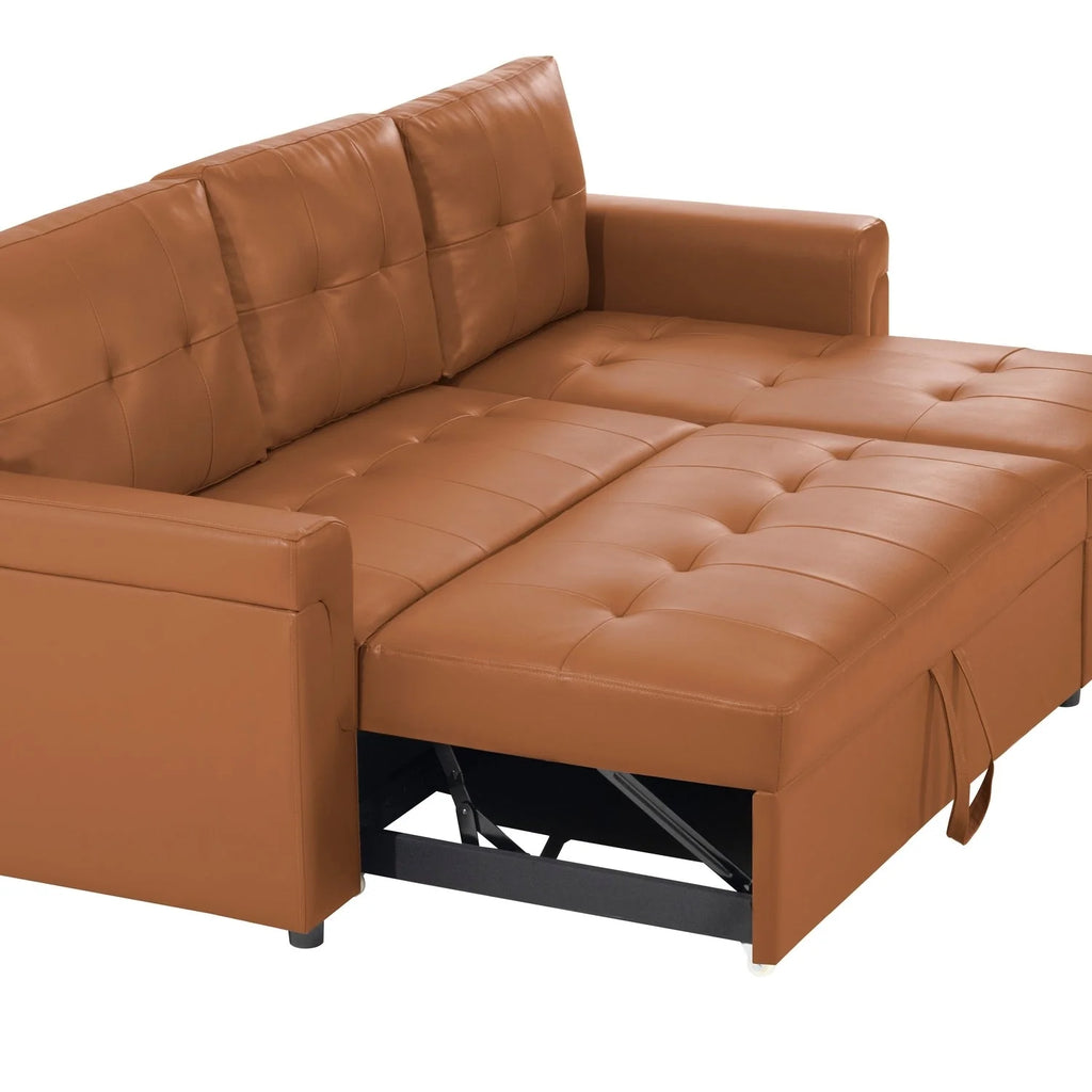 Canapé d'angle convertible et réversible avec lit gigogne, méridienne de rangement dissimulée et pieds robustes.