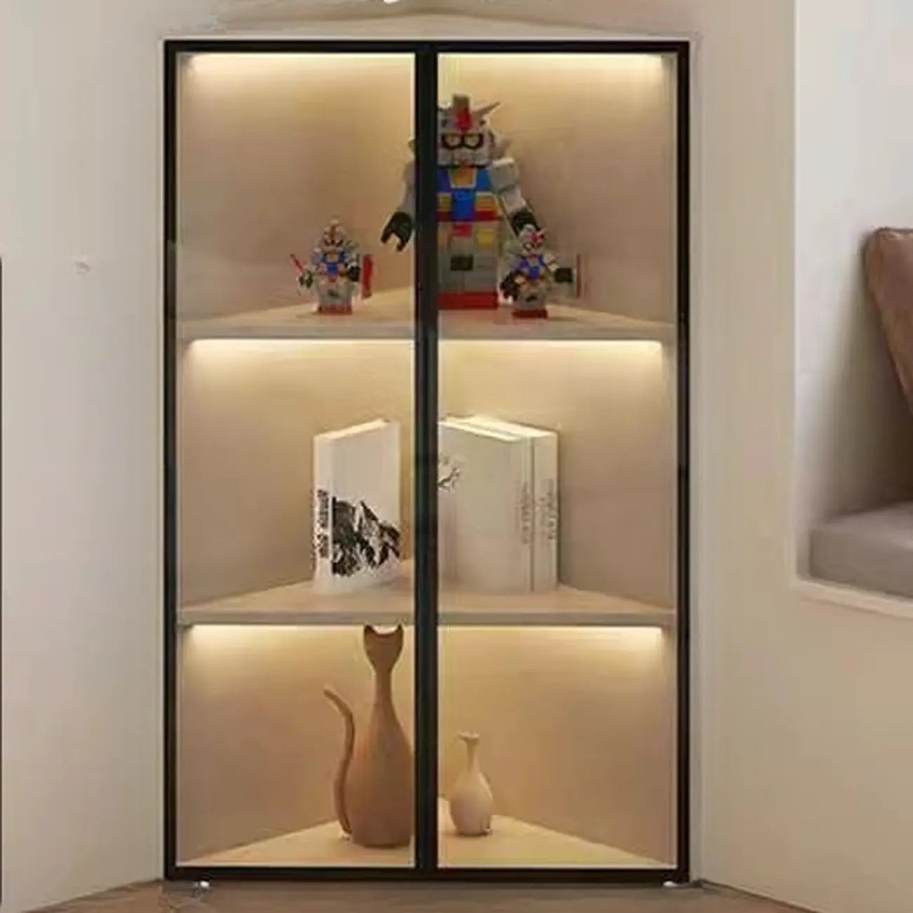 Vitrine d'angle moderne en métal gris et bois avec porte vitrée