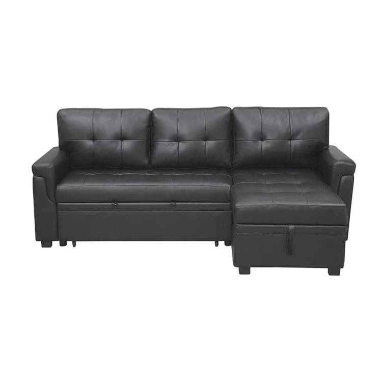 Canapé d'angle convertible et réversible avec lit gigogne, méridienne de rangement dissimulée et pieds robustes.