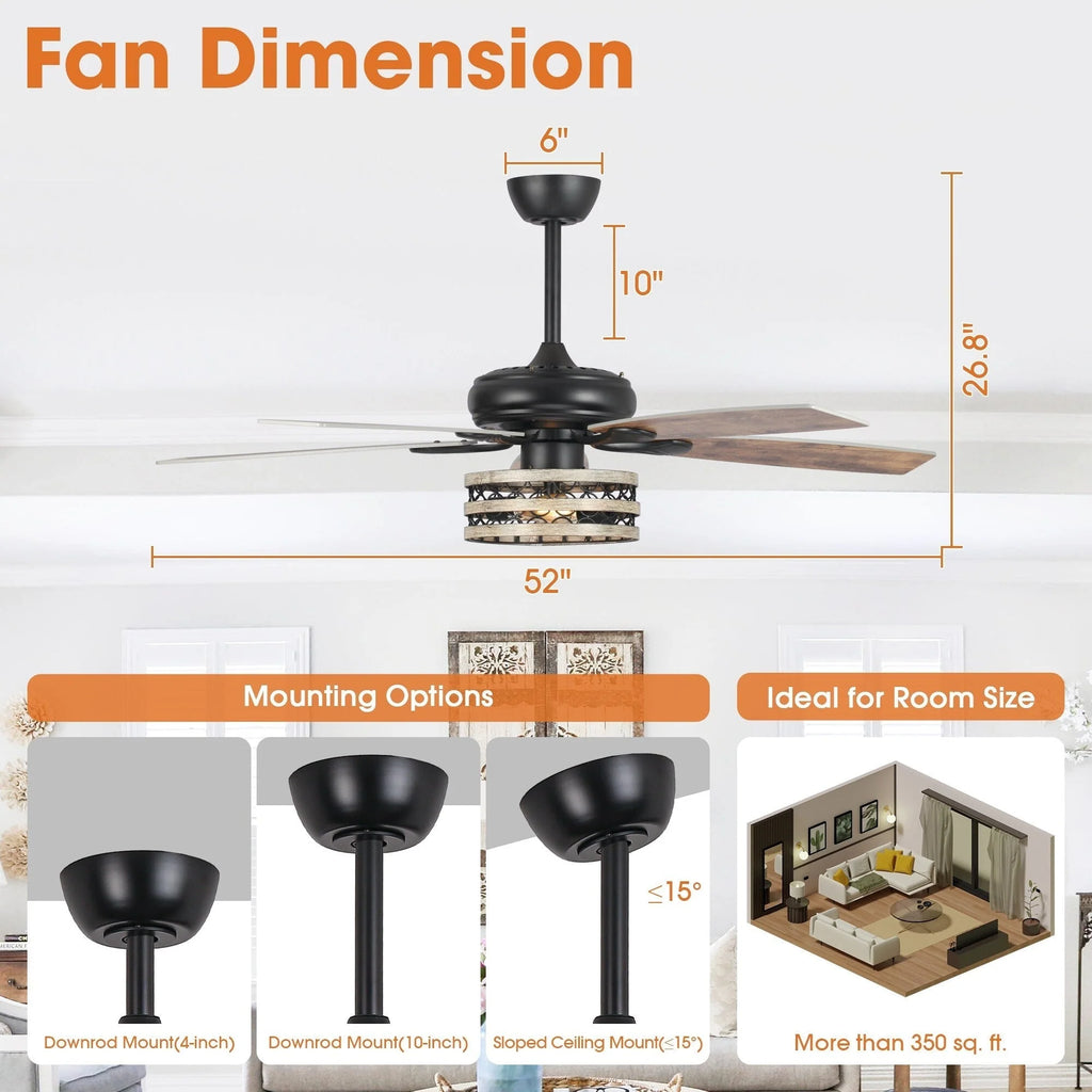 Ventilateur de plafond 5 pales noir à cage, style ferme, avec télécommande