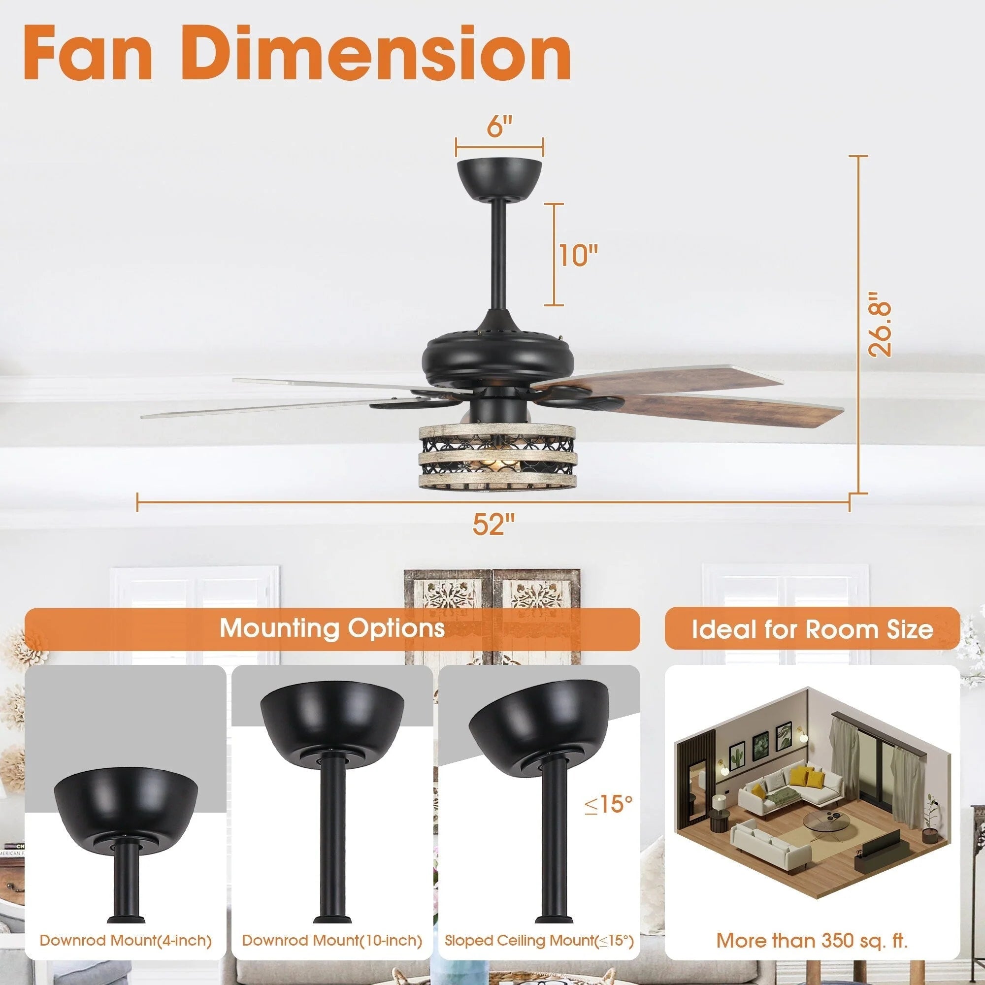 Ventilateur de plafond 5 pales noir à cage, style ferme, avec télécommande