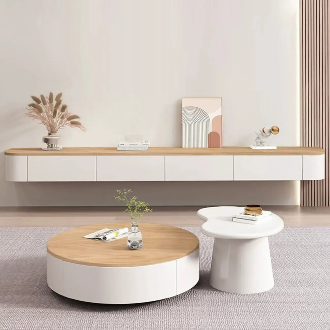 Meuble TV suspendu contemporain en bois blanc avec tiroirs