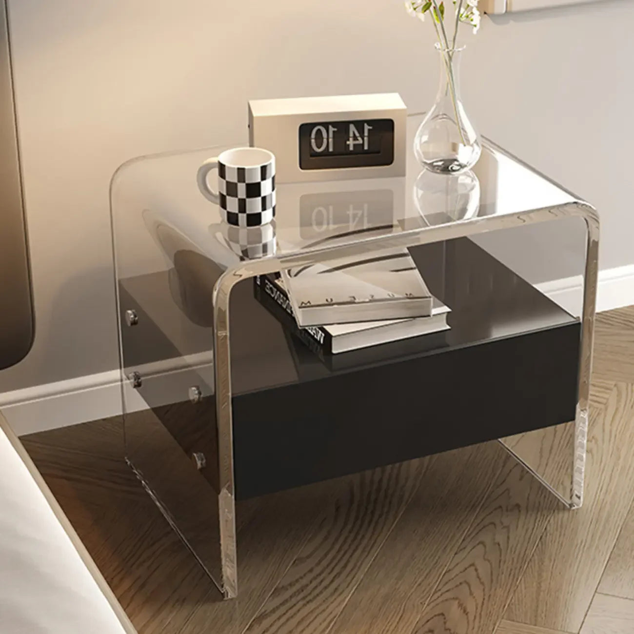 Table de chevet avec tiroir et cadre en acrylique blanc transparent