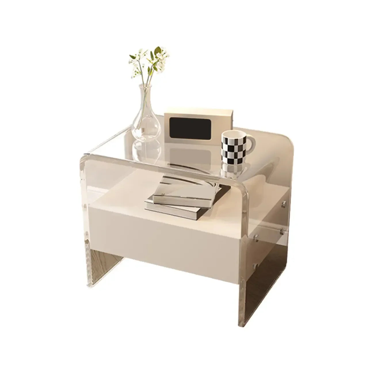 Table de chevet avec tiroir et cadre en acrylique blanc transparent