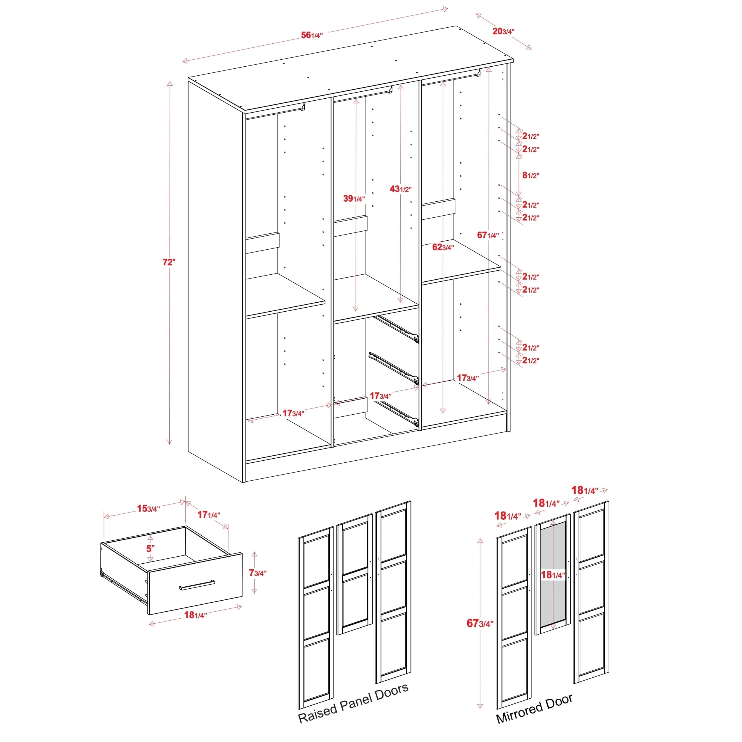 Armoire-penderie Palace Imports Cosmo 3 portes, 100 % bois massif, avec portes en bois massif ou miroir