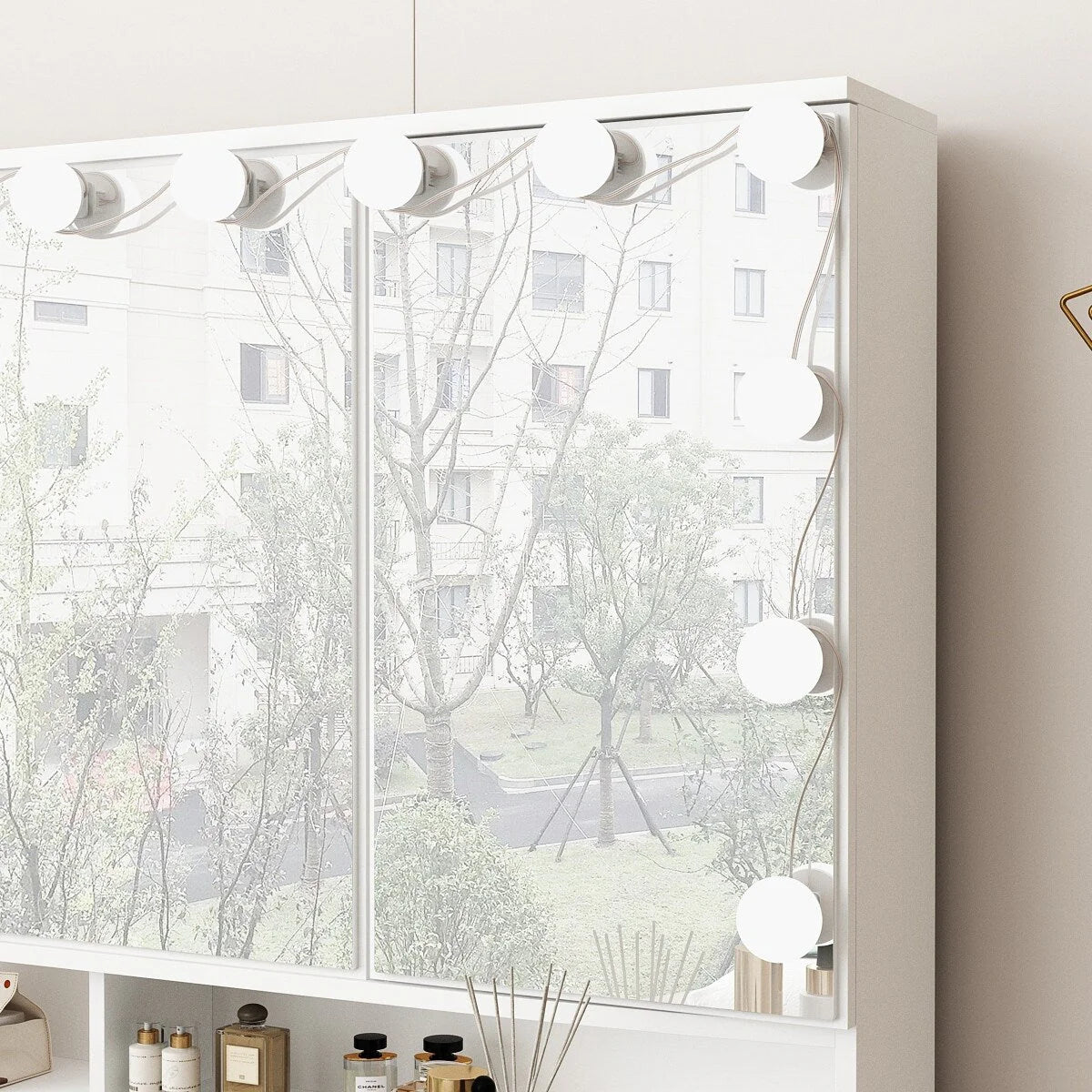Coiffeuse avec miroir à trois volets, éclairage certifié, plateau en verre