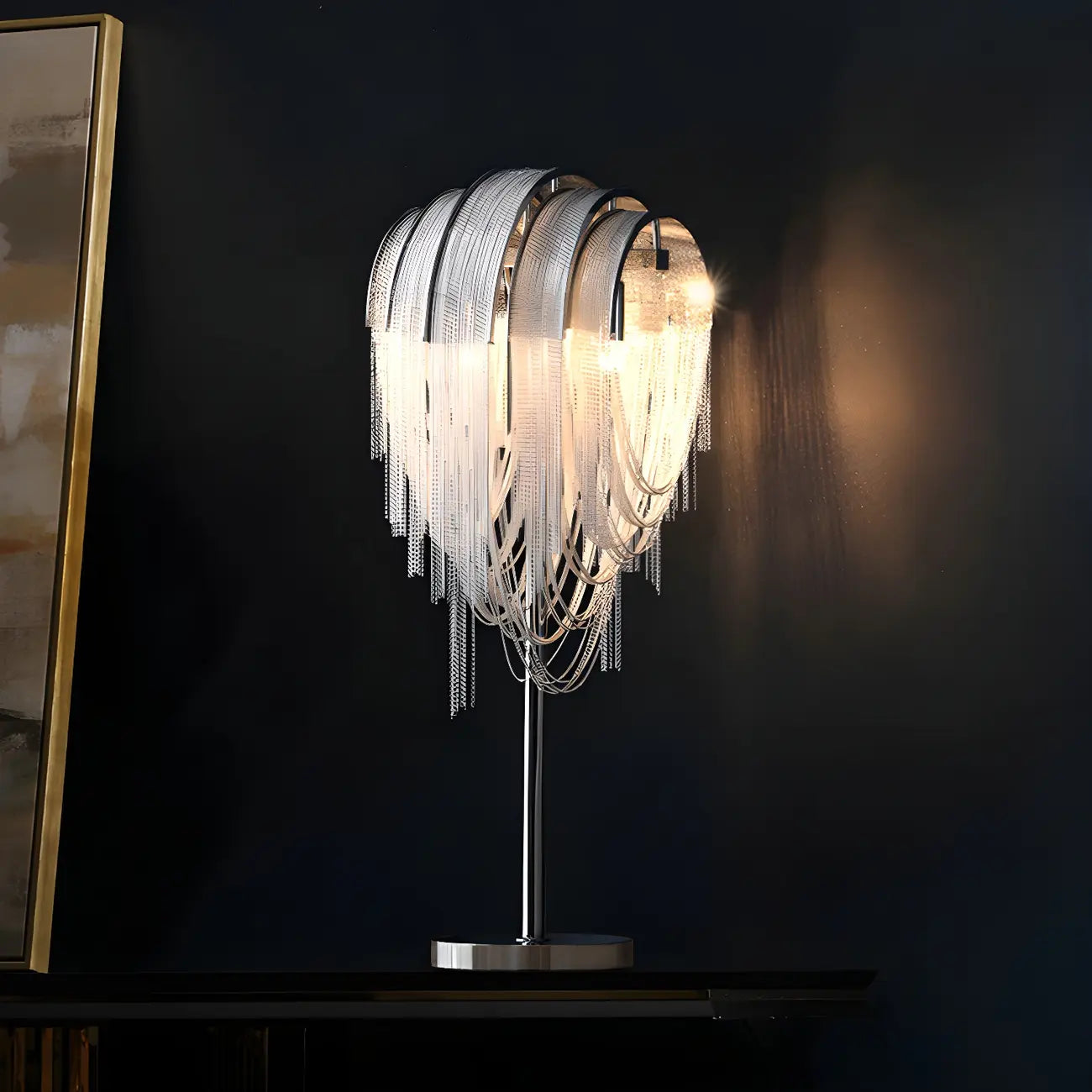 Lampe de table décorative contemporaine à chaîne argentée