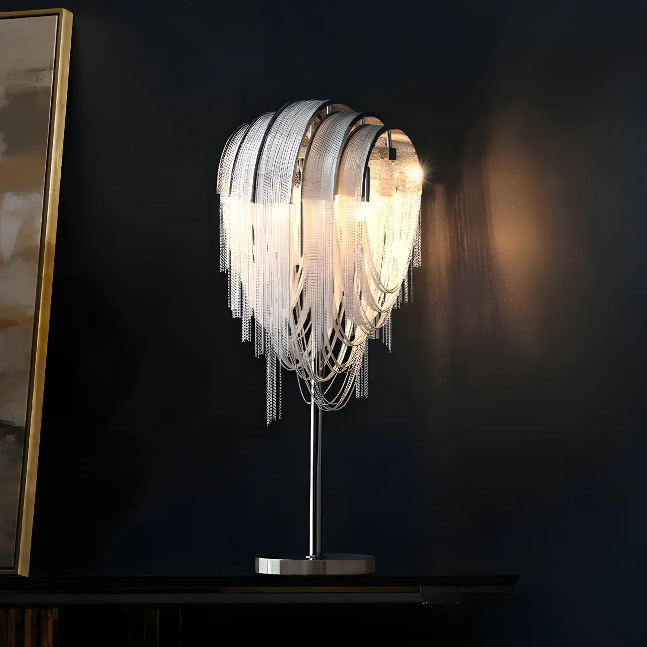 Lampe de table décorative contemporaine à chaîne argentée
