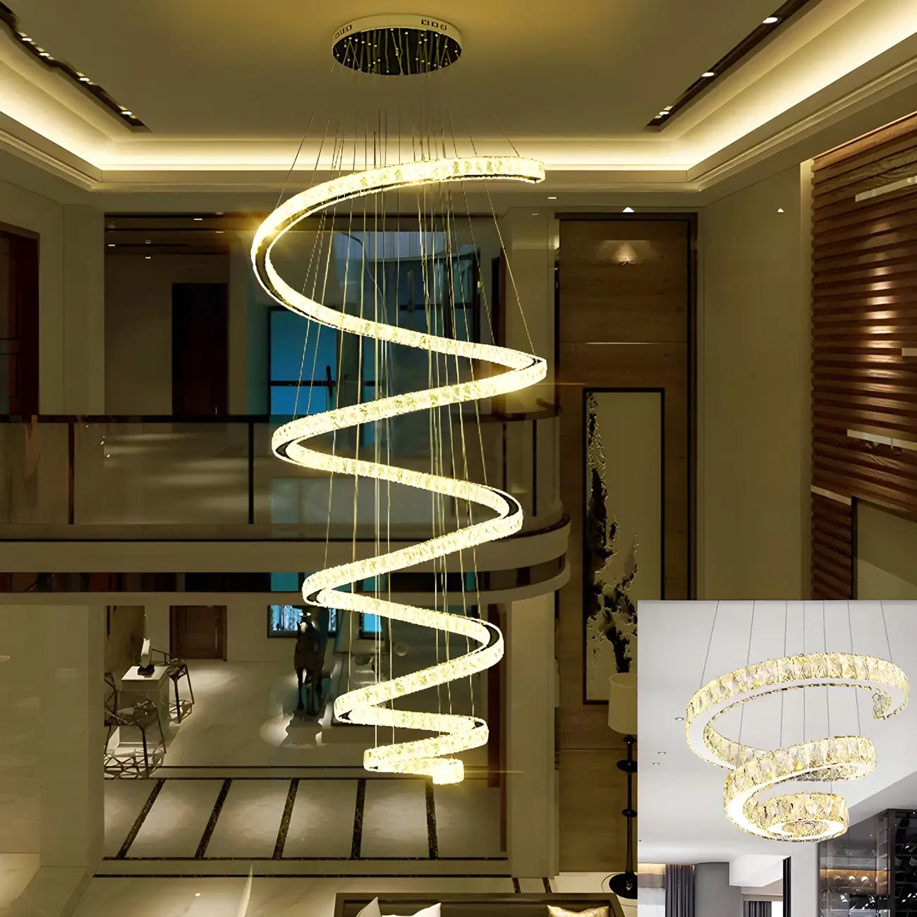 Grand lustre moderne à spirale LED en cristal et à plusieurs niveaux