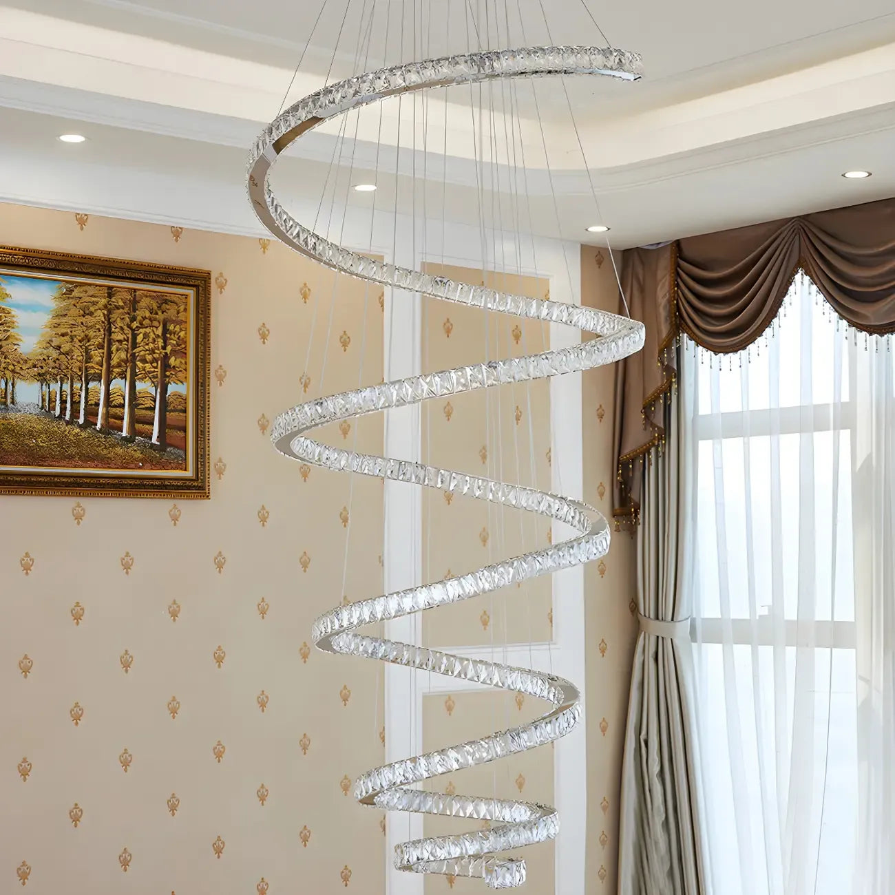Grand lustre moderne à spirale LED en cristal et à plusieurs niveaux