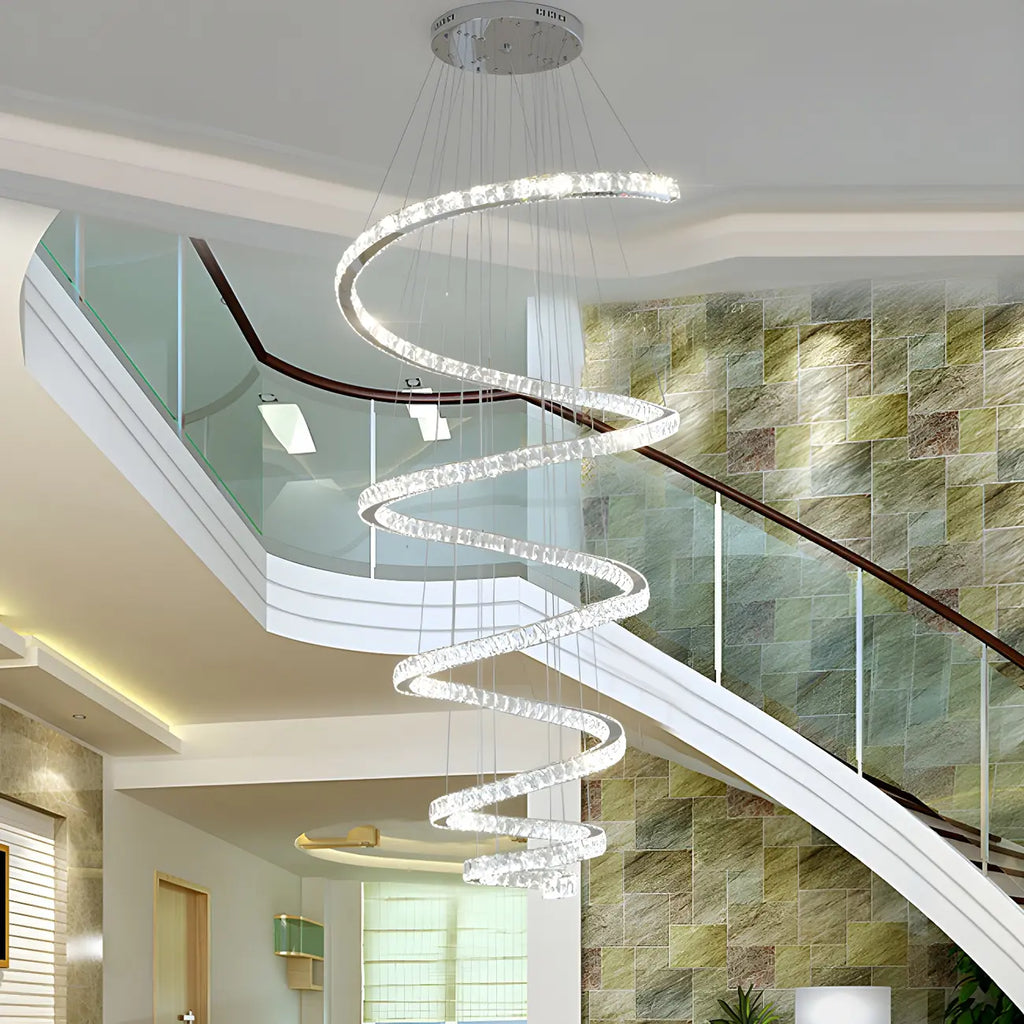 Grand lustre moderne à spirale LED en cristal et à plusieurs niveaux