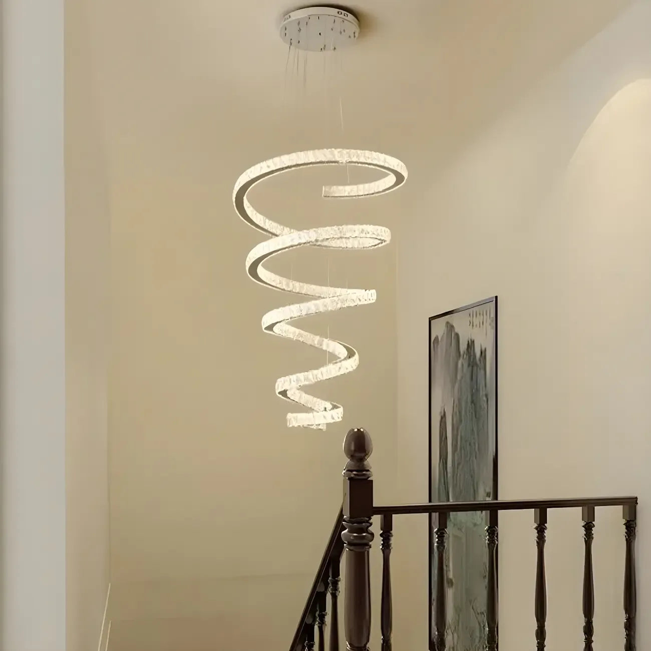 Grand lustre moderne à spirale LED en cristal et à plusieurs niveaux