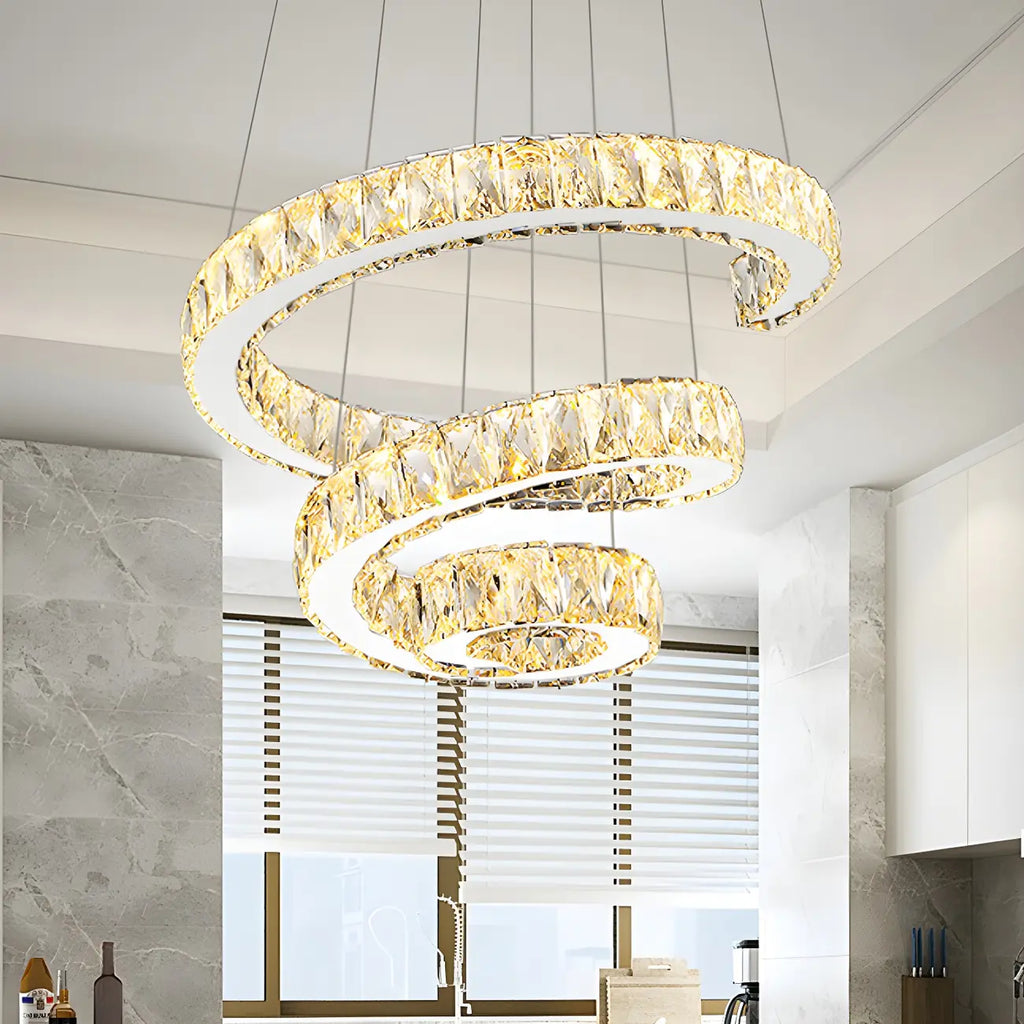 Grand lustre moderne à spirale LED en cristal et à plusieurs niveaux