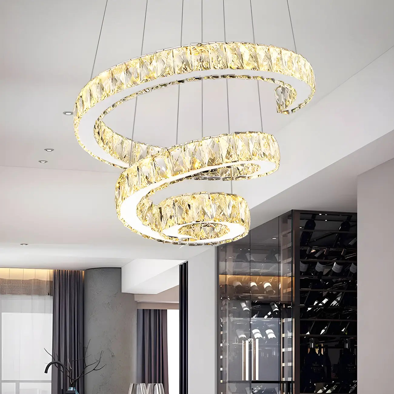 Grand lustre moderne à spirale LED en cristal et à plusieurs niveaux