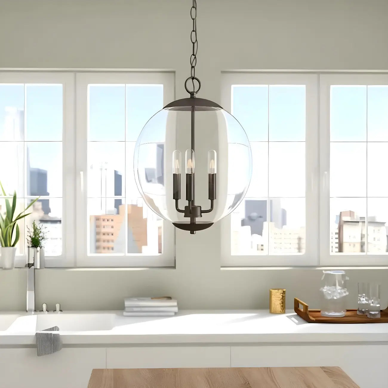 Mini lustre sphérique en verre transparent à 3 lumières