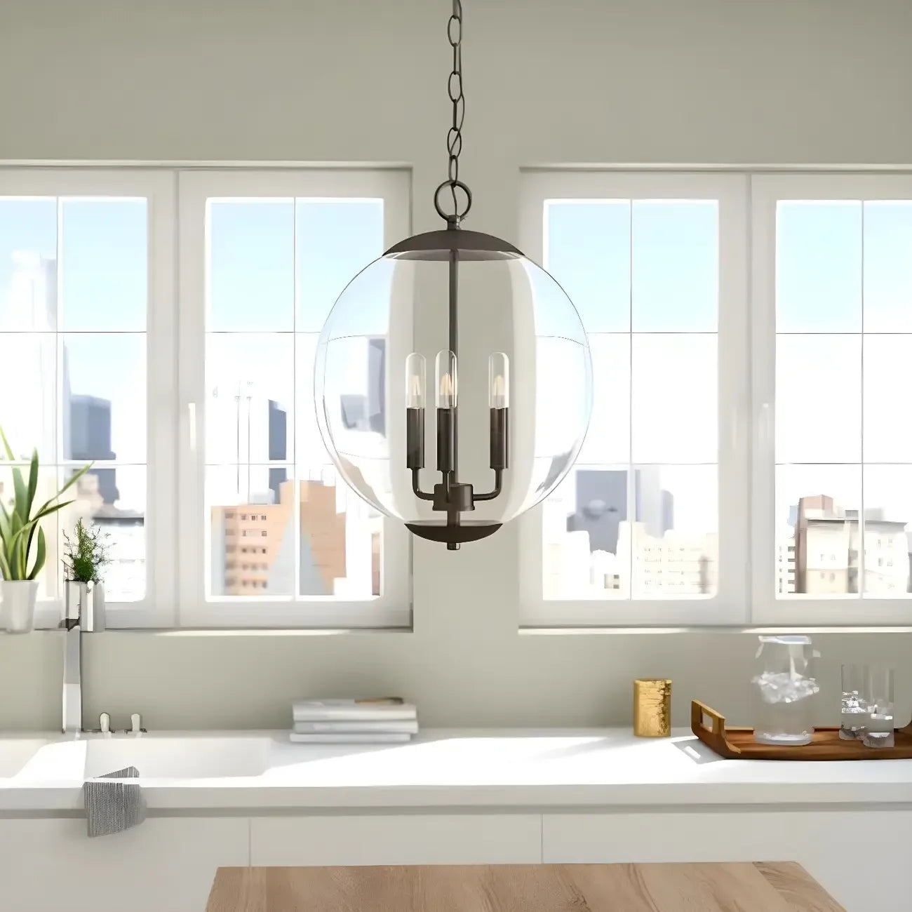 Mini lustre sphérique en verre transparent à 3 lumières