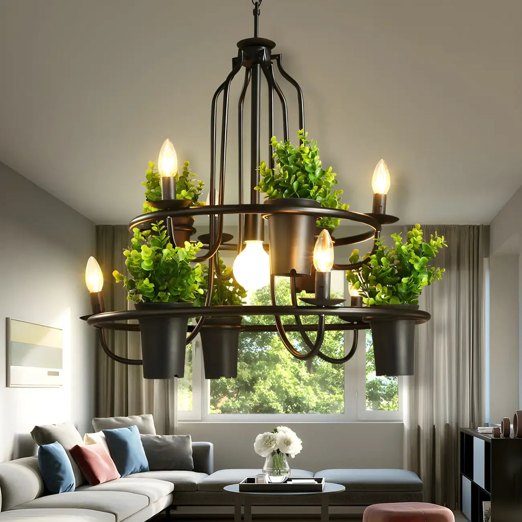 Lustre moderne circulaire en métal noir pour plantes