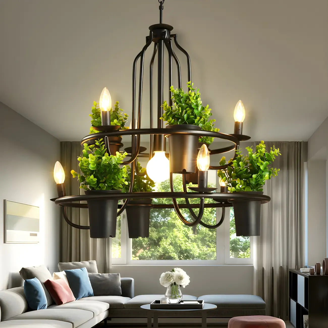 Lustre moderne circulaire en métal noir pour plantes