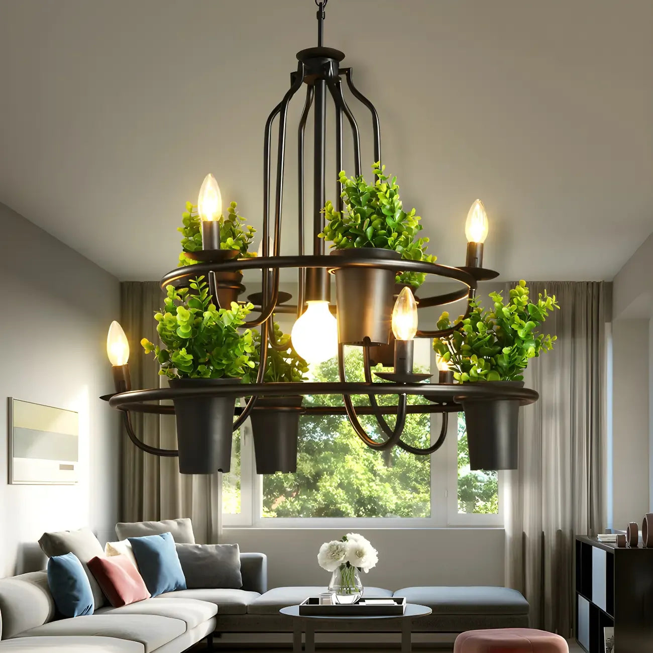 Lustre moderne circulaire en métal noir pour plantes