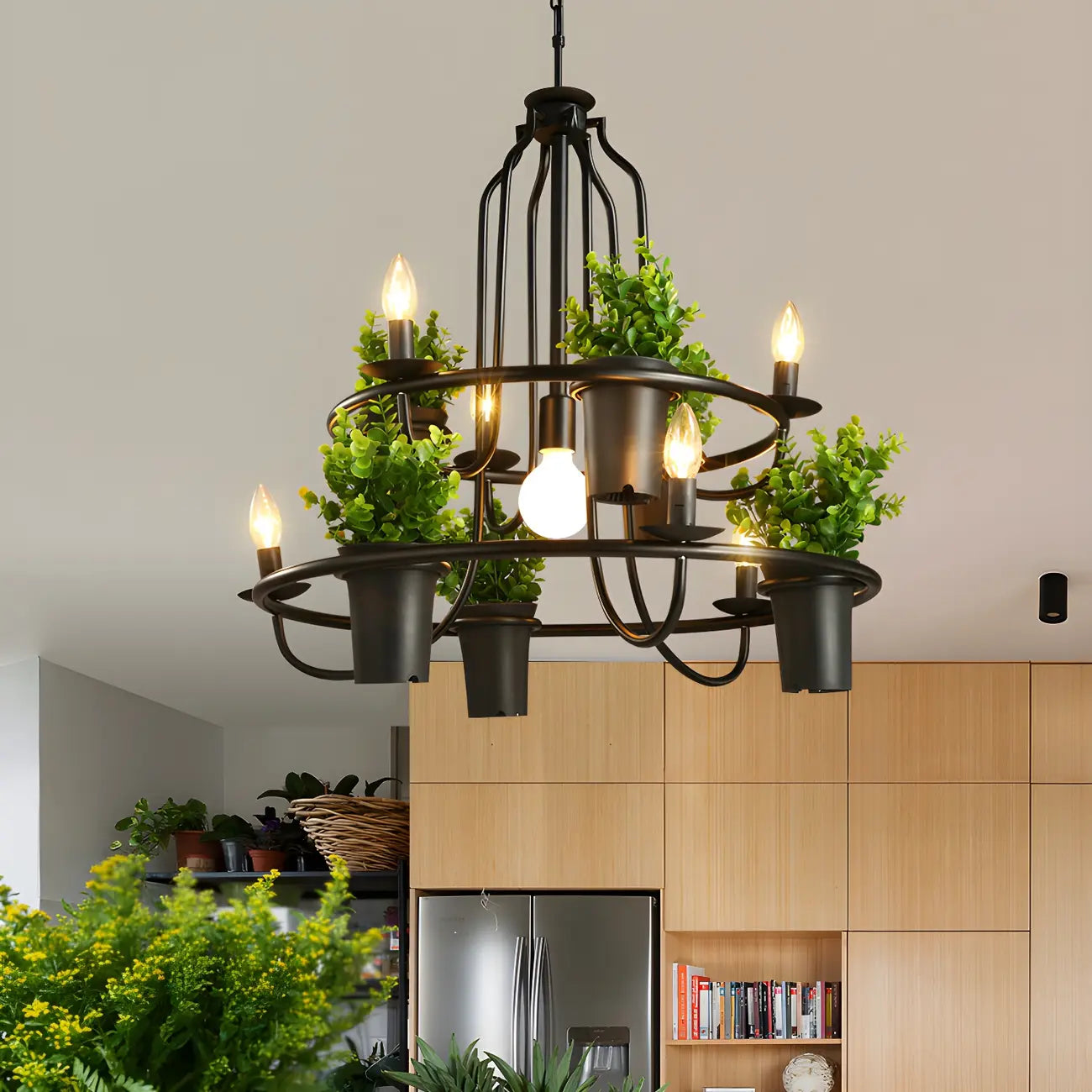 Lustre moderne circulaire en métal noir pour plantes