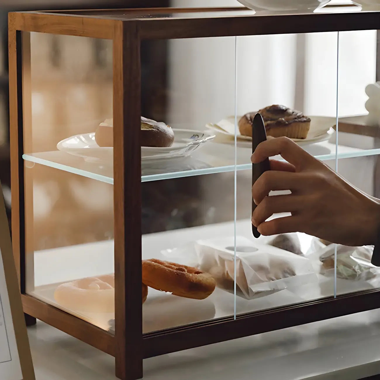 Élégante vitrine de table en bois avec portes coulissantes