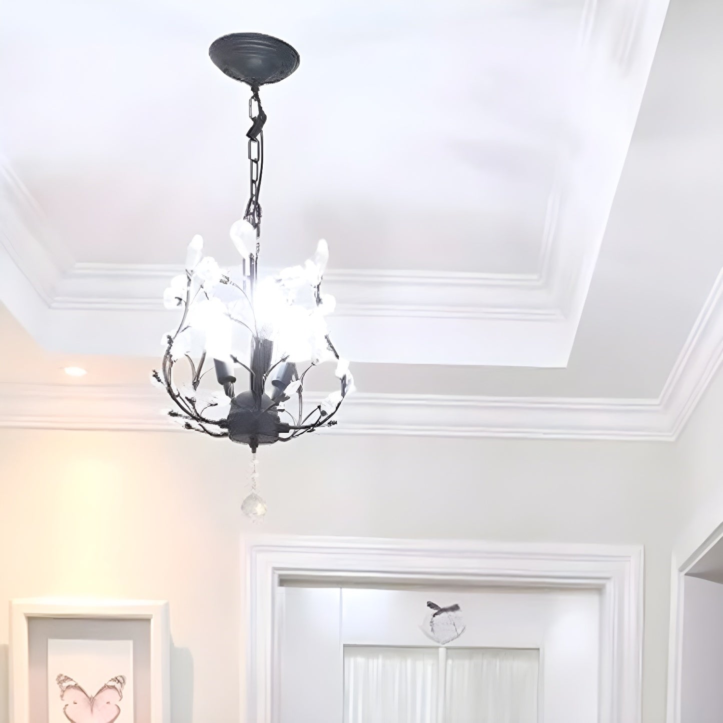 Mini lustre vintage en cristal à 3 lumières, fixation par chaîne traditionnelle