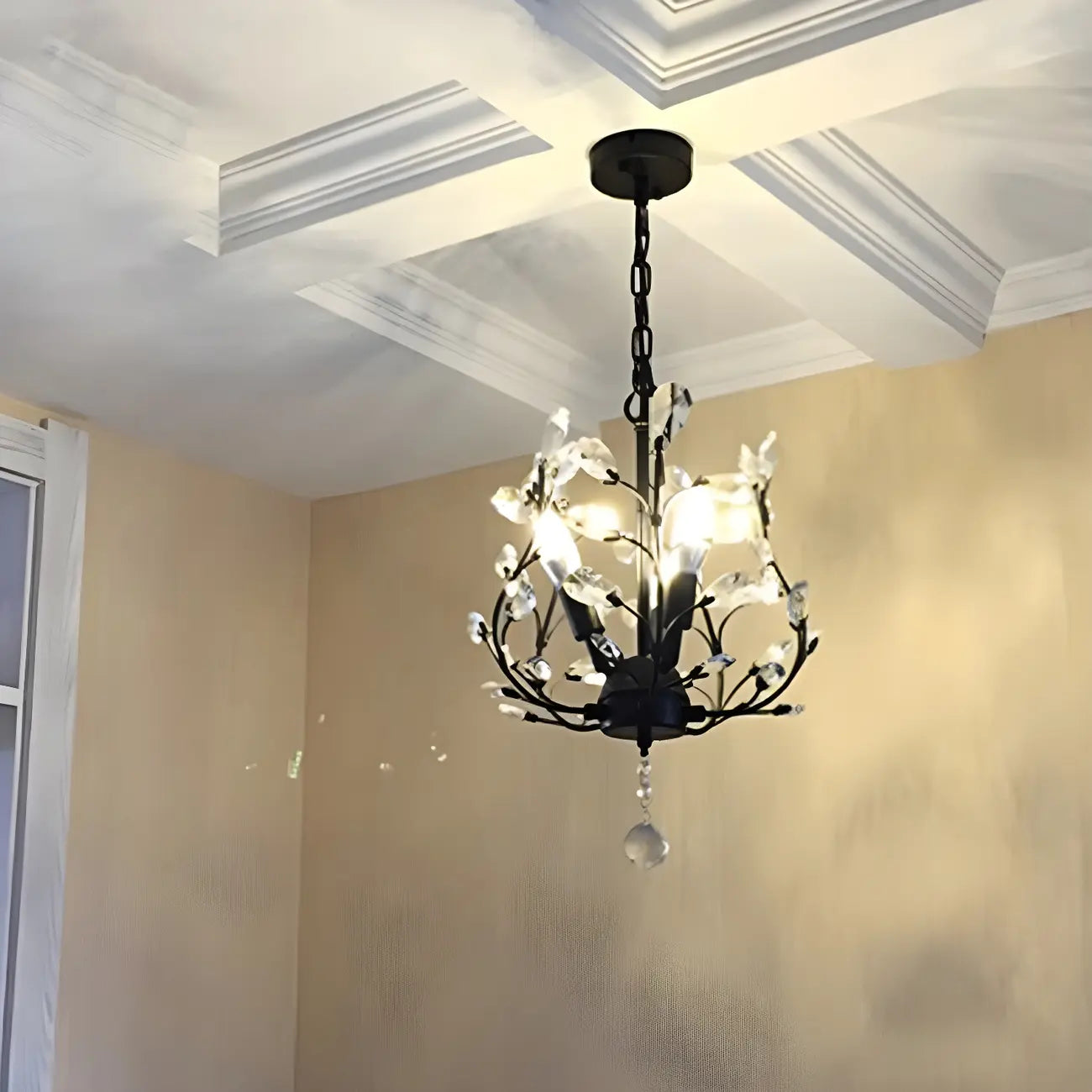 Mini lustre vintage en cristal à 3 lumières, fixation par chaîne traditionnelle