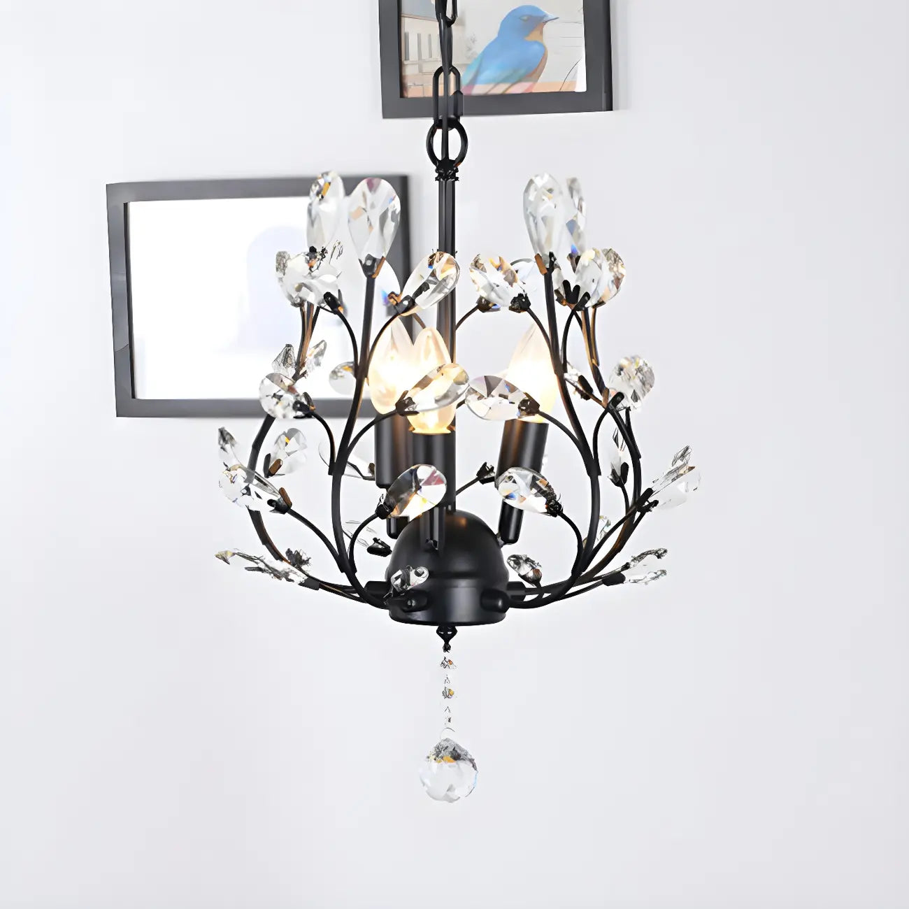 Mini lustre vintage en cristal à 3 lumières, fixation par chaîne traditionnelle