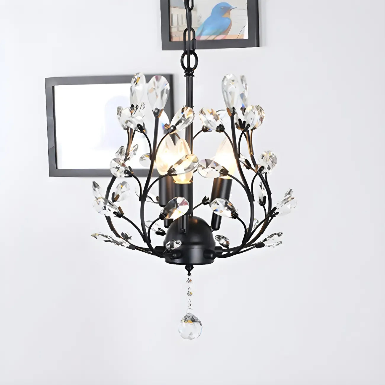 Mini lustre vintage en cristal à 3 lumières, fixation par chaîne traditionnelle