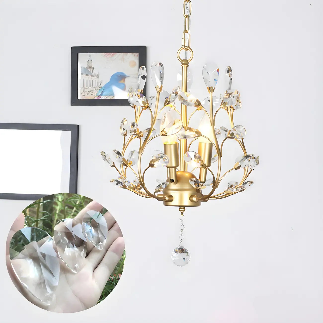 Mini lustre vintage en cristal à 3 lumières, fixation par chaîne traditionnelle