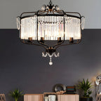 Lustre moderne cylindrique rond en métal noir avec cage en cristal
