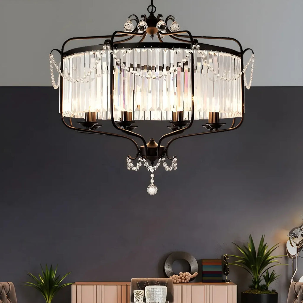 Lustre moderne cylindrique rond en métal noir avec cage en cristal