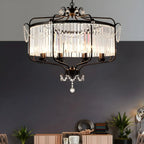 Lustre moderne cylindrique rond en métal noir avec cage en cristal
