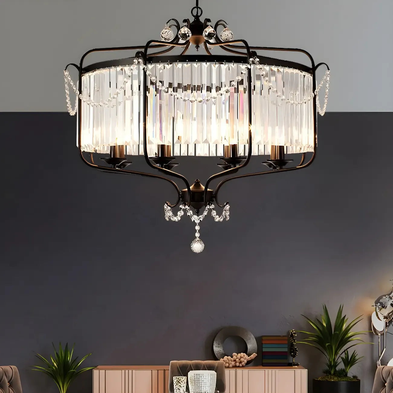 Lustre moderne cylindrique rond en métal noir avec cage en cristal