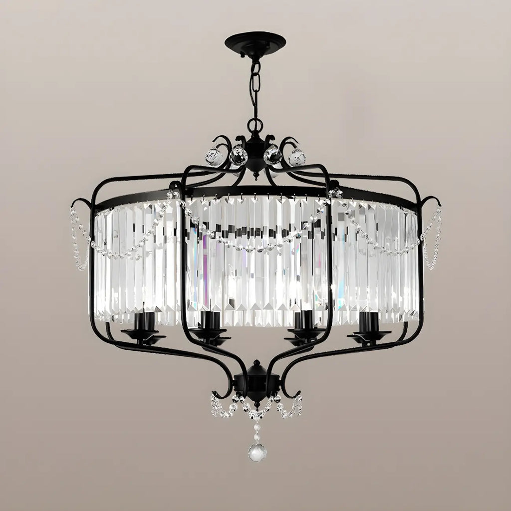 Lustre moderne cylindrique rond en métal noir avec cage en cristal