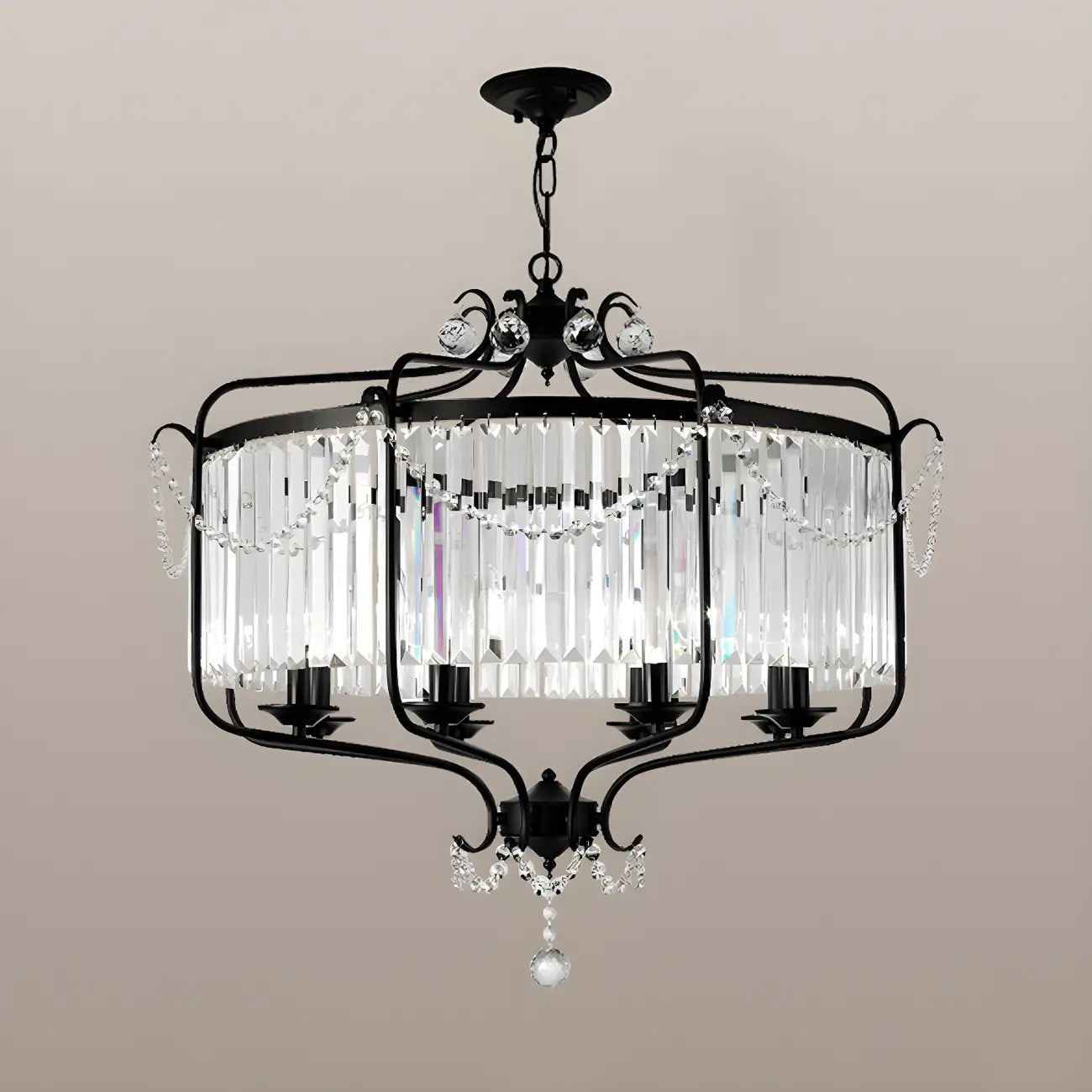Lustre moderne cylindrique rond en métal noir avec cage en cristal
