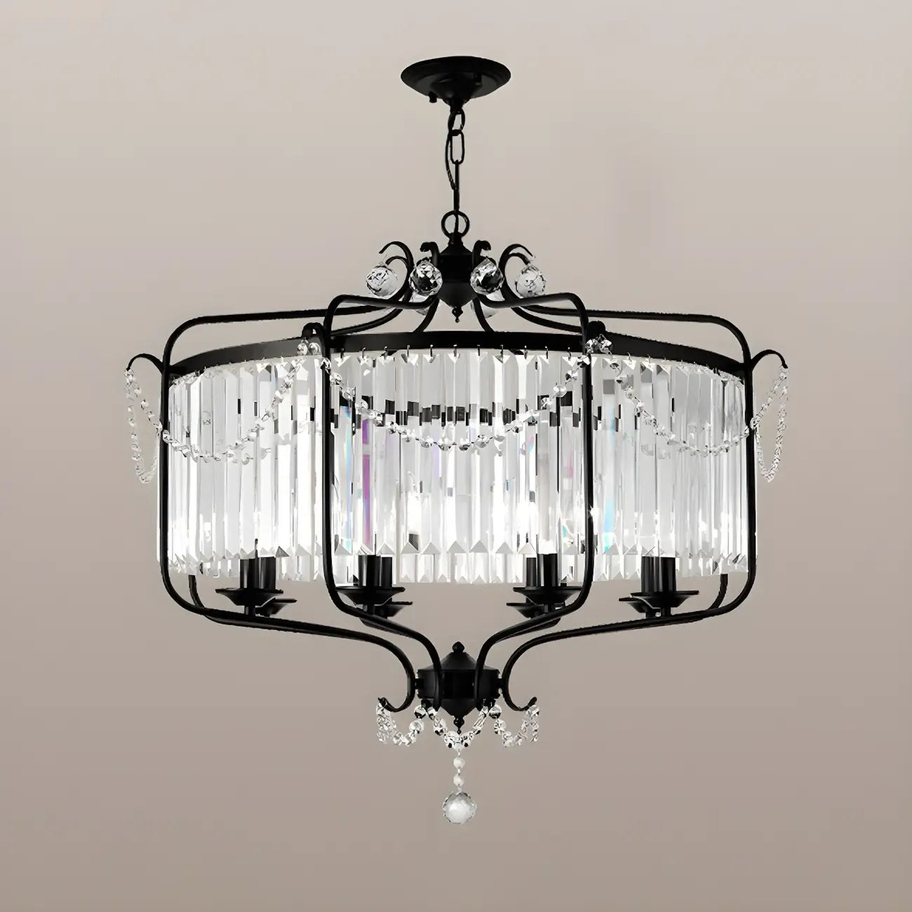 Lustre moderne cylindrique rond en métal noir avec cage en cristal
