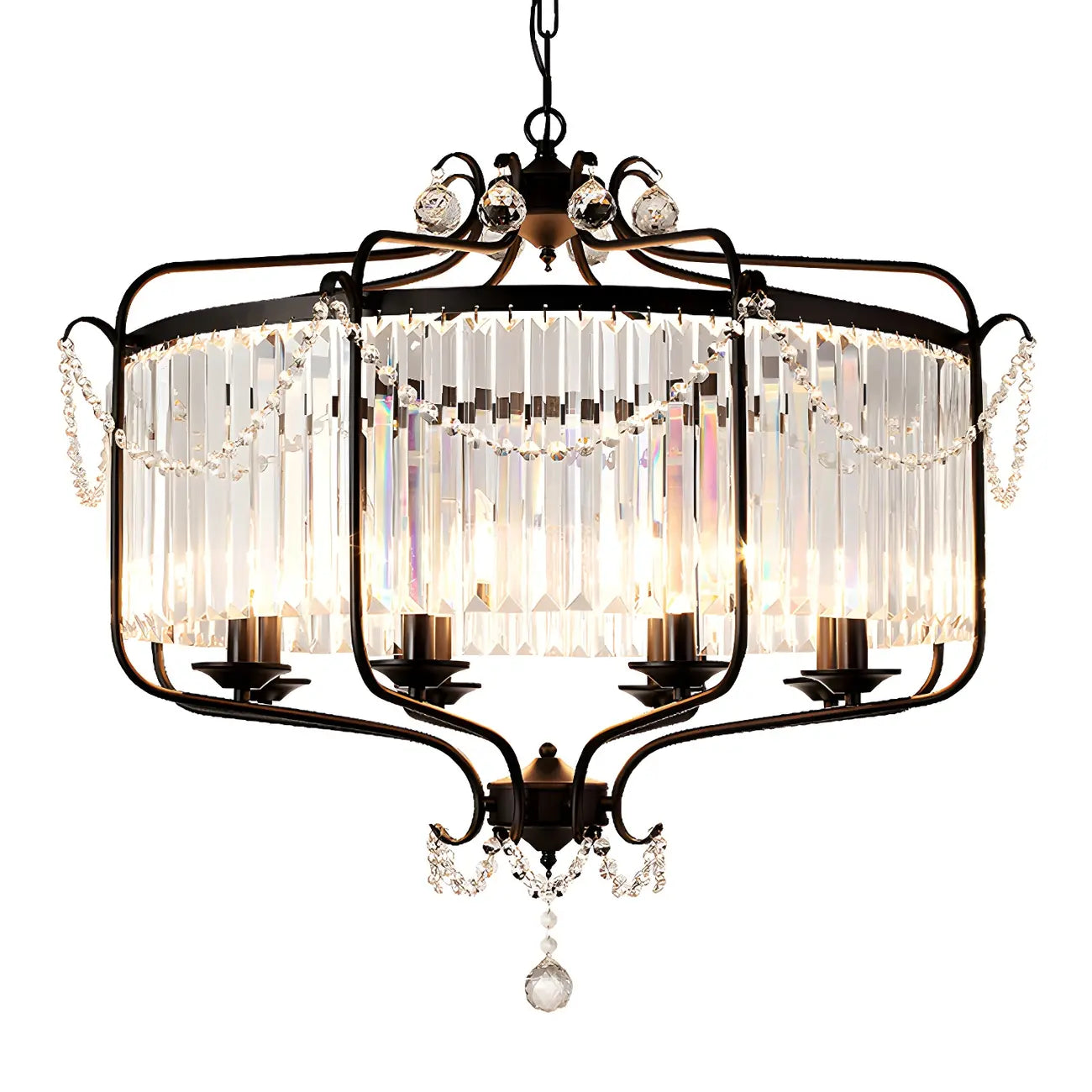 Lustre moderne cylindrique rond en métal noir avec cage en cristal